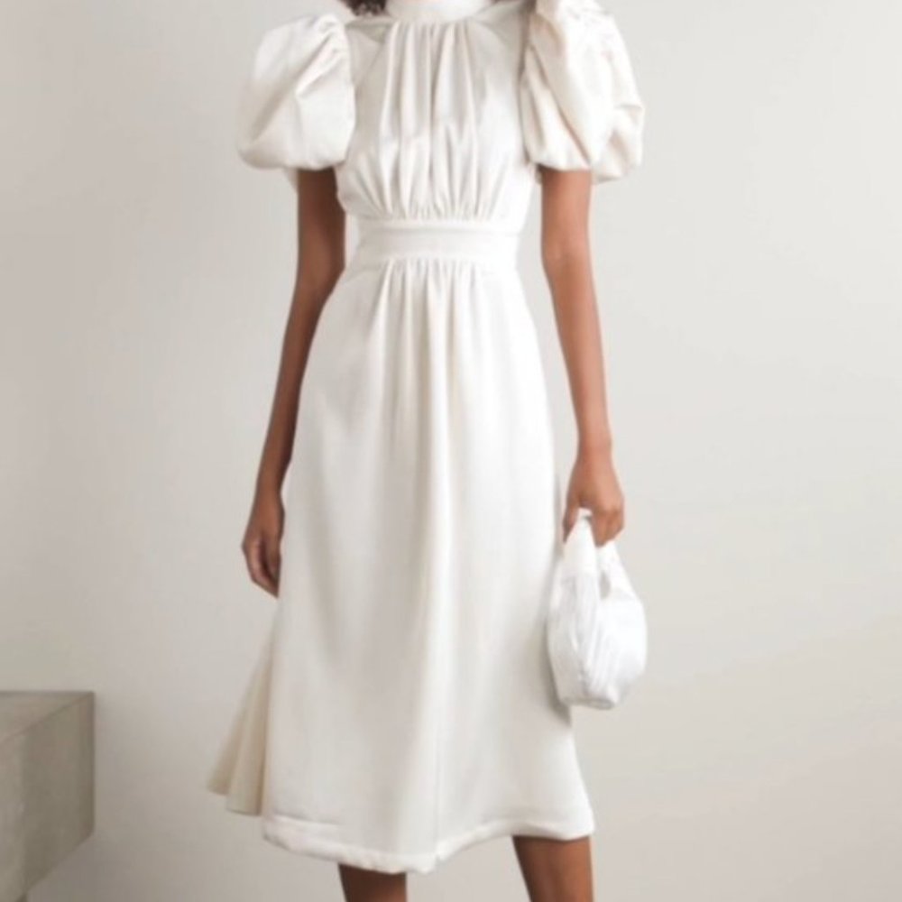 ROTATE Ivory Dawn Puff-Sleeve Jersey Midi Dress